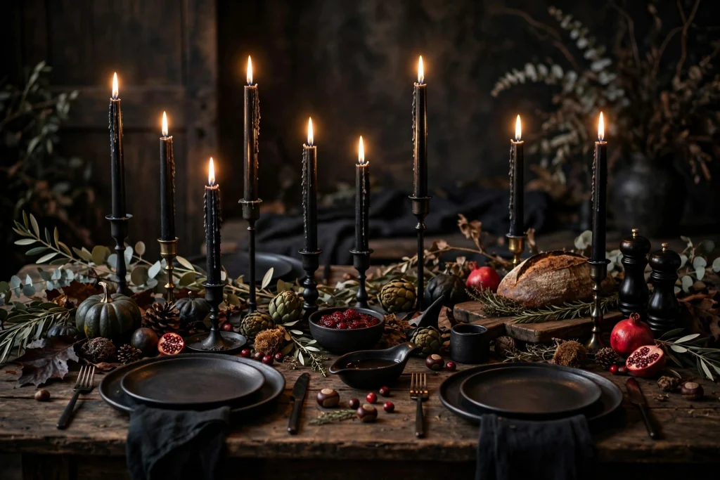 Moody dark accents — thanksgiving table decor ideas
