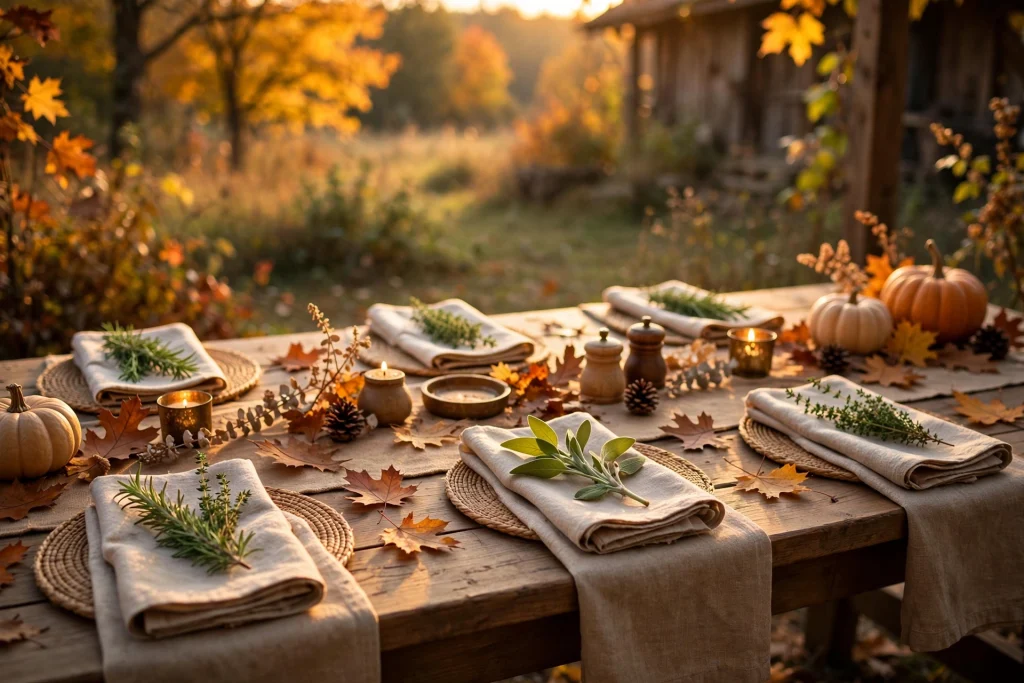 Fresh herb sprigs at each seat — thanksgiving table decor ideas