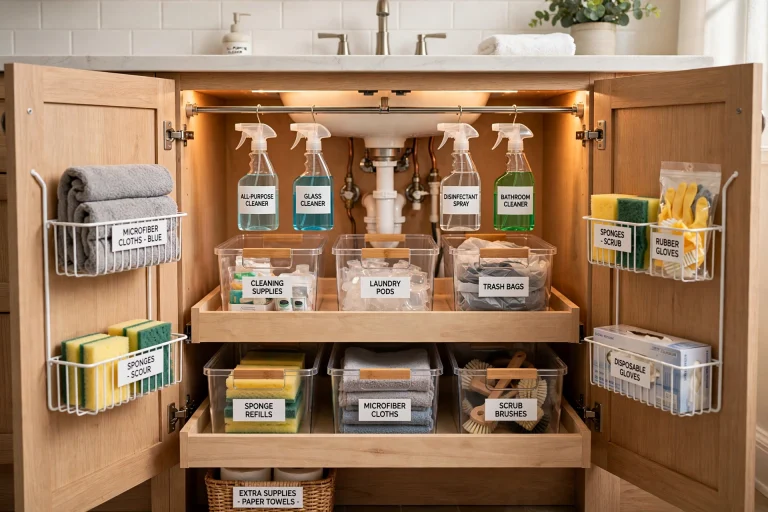 Organized under bathroom sink cabinet with stackable bins, sliding drawers and labelled storage around the pipes
