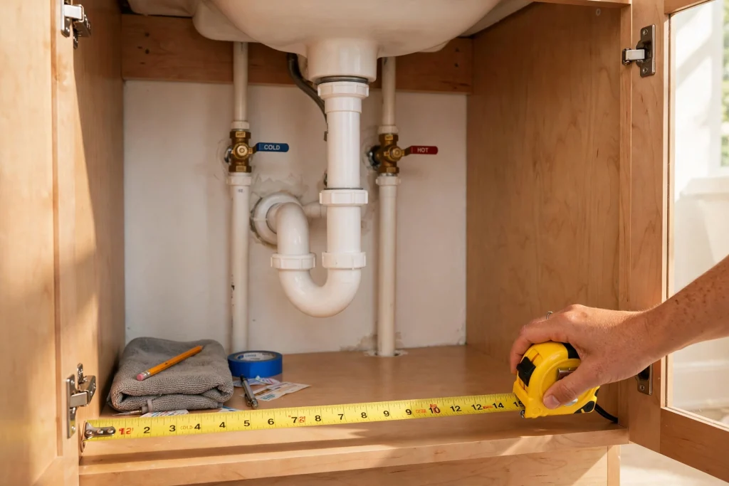 Tape measure measuring the space around pipes inside an under bathroom sink cabinet