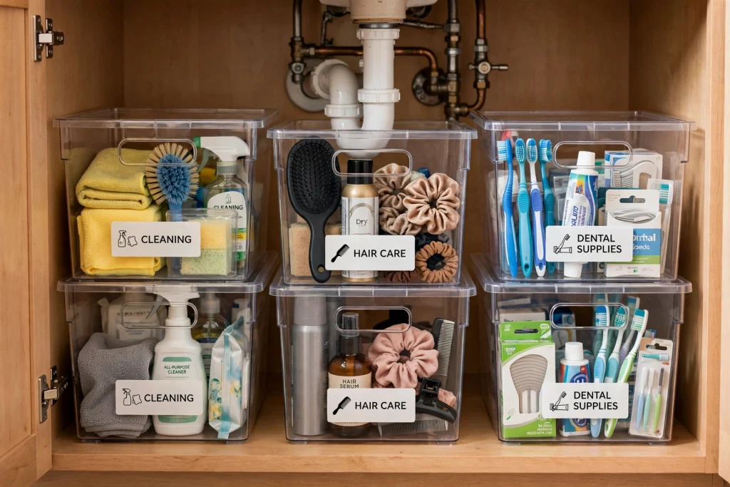 Clear stackable bins organising toiletries under a bathroom sink