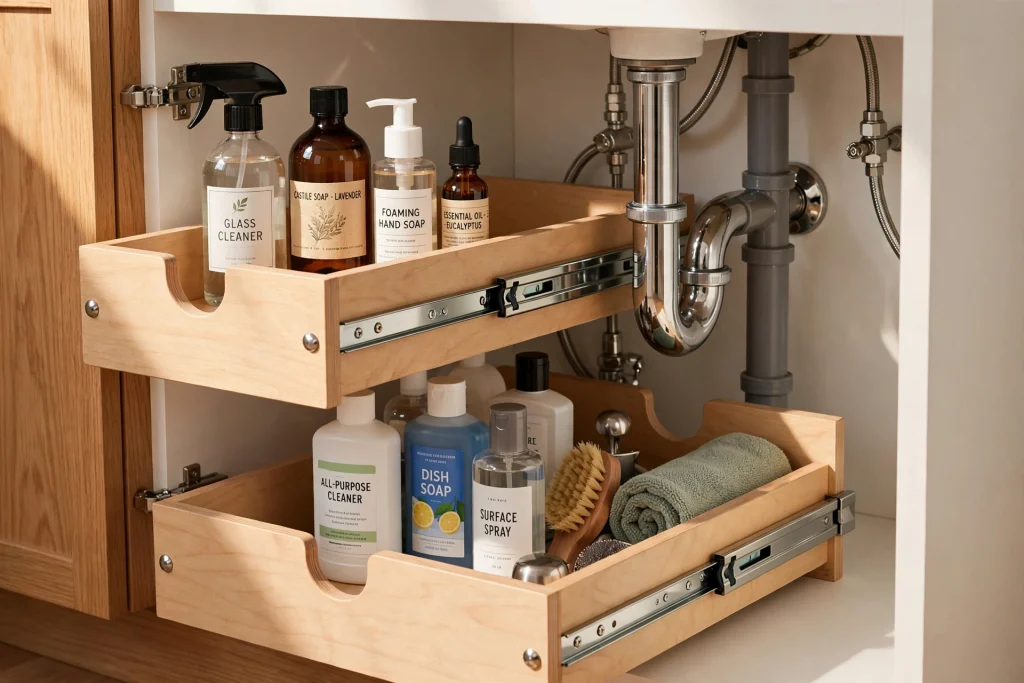 Sliding two-tier under sink drawer organiser wrapping around plumbing pipes