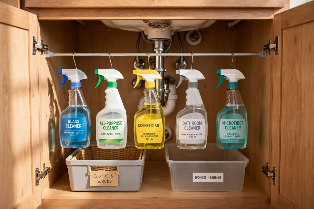 Tension rod hung across an under sink cabinet holding spray bottles by their triggers