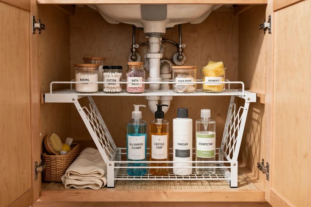 Expandable under sink shelf riser creating two levels of storage around pipes