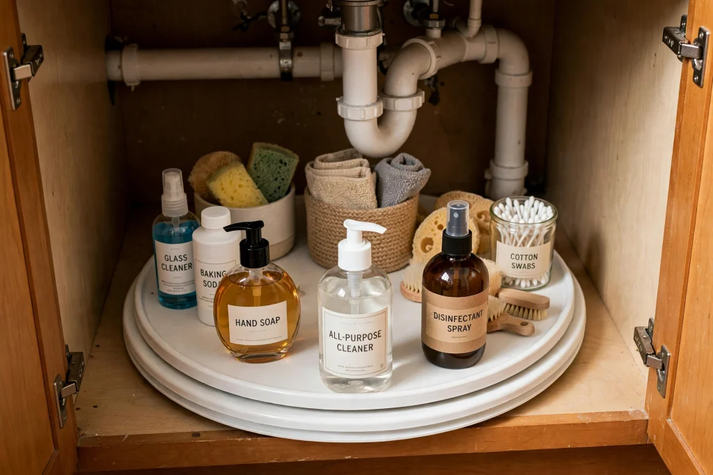 Lazy Susan turntable organising bottles under a bathroom sink