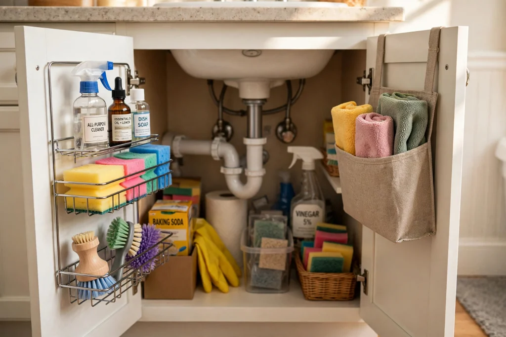 Wire caddies hooked onto the inside of under sink cabinet doors holding sponges and brushes