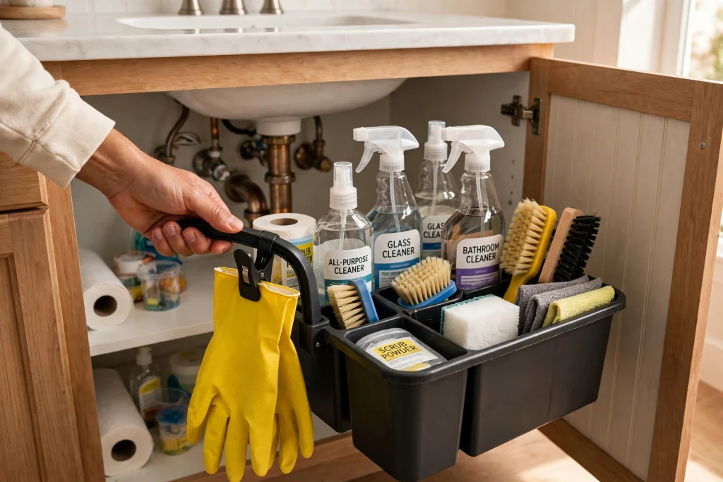 Handled pull-out caddy holding cleaning supplies under a bathroom sink