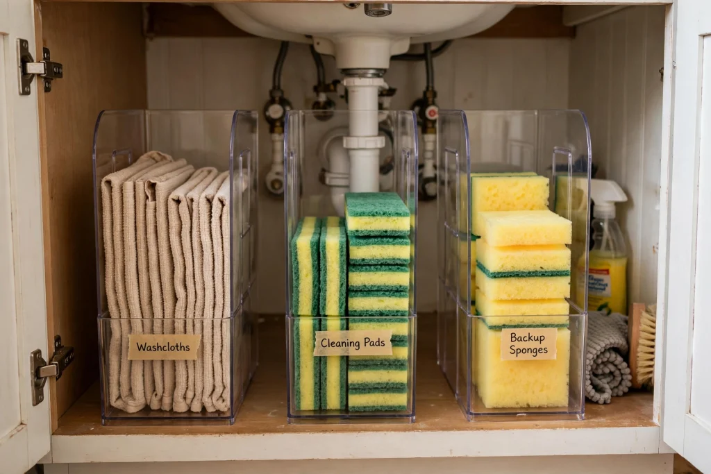 Vertical file holders storing washcloths and sponges upright under a bathroom sink