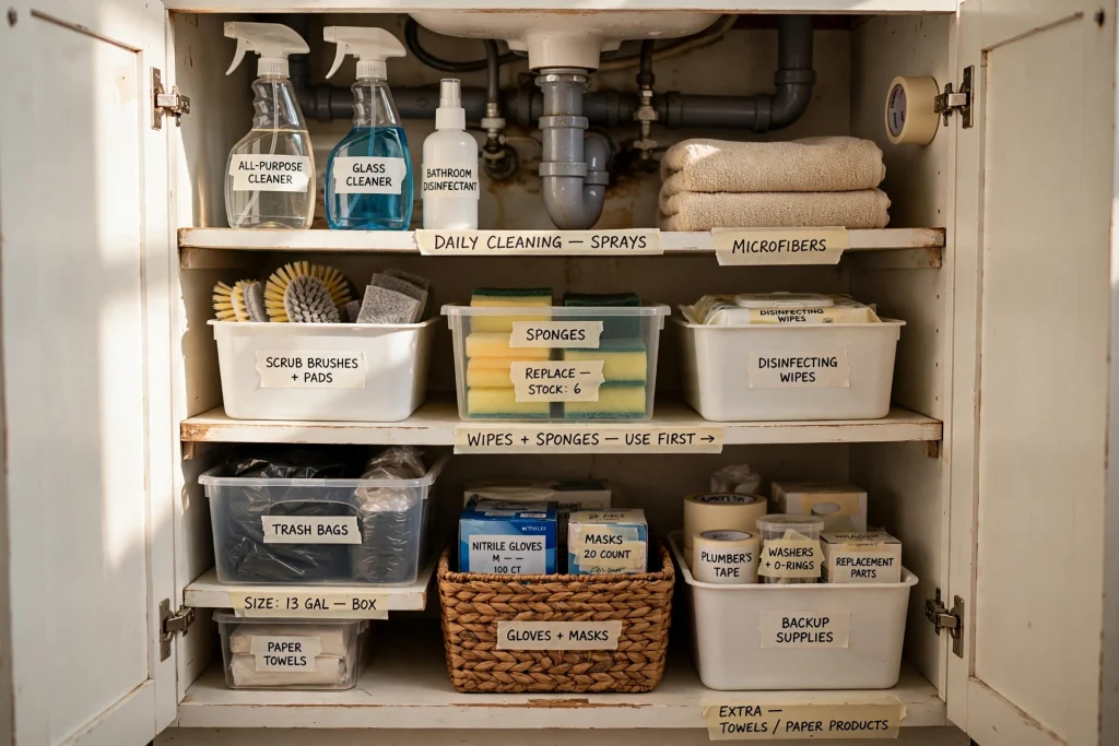 Labelled bins and zones keeping an under bathroom sink cabinet organised