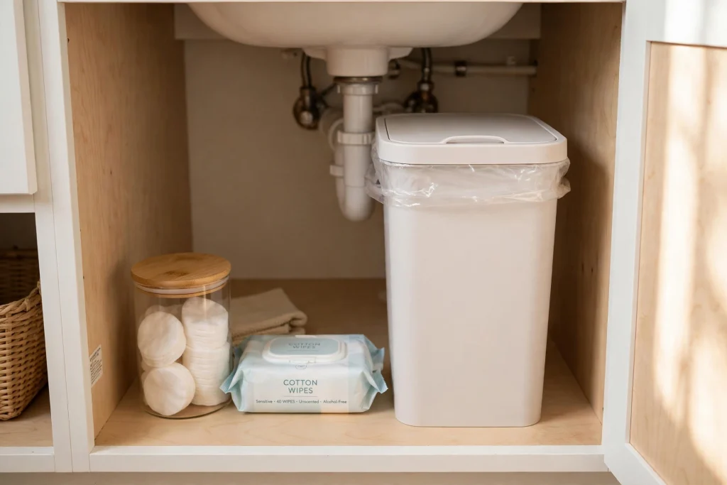 Slim lidded trash bin tucked inside an under bathroom sink cabinet