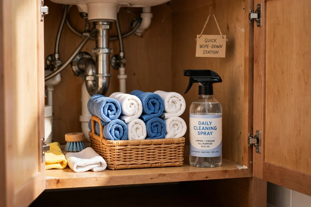 Small caddy with microfiber cloths and daily spray under a bathroom sink