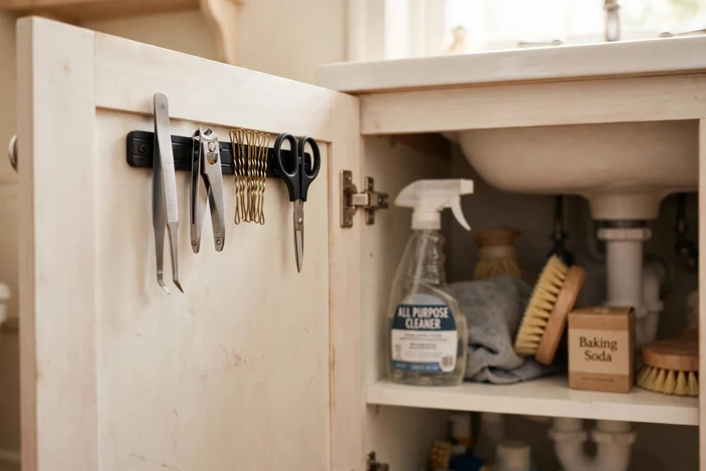 Magnetic strip mounted inside a cabinet door holding tweezers and nail clippers