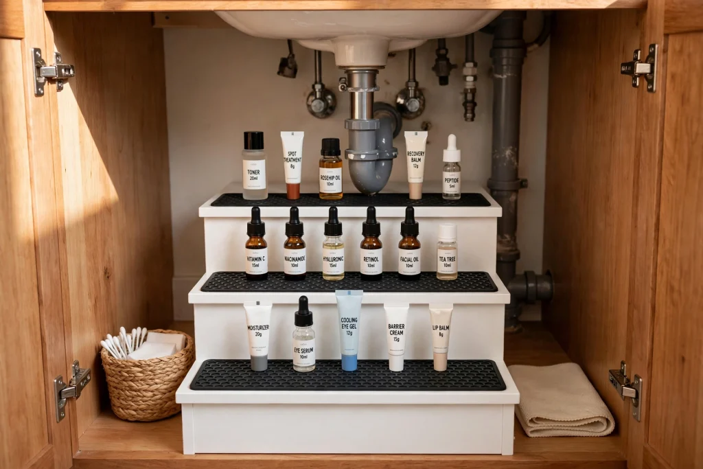 Stadium-style riser steps lifting small bottles at the back of an under sink cabinet