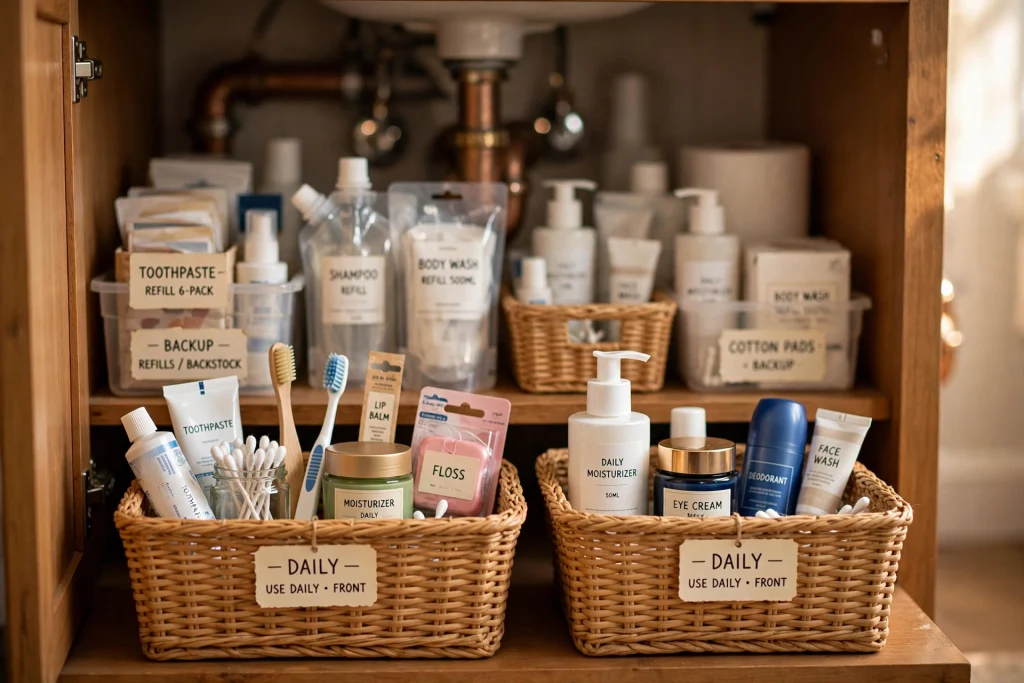 Under sink bins arranged with daily essentials in front and backup supplies behind