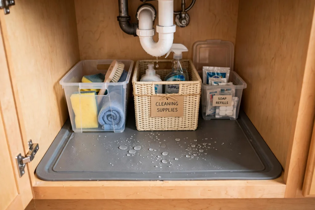 Waterproof liner mat with raised lip protecting the floor of an under sink cabinet