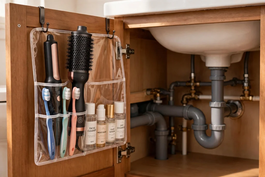 Slim clear-pocket organiser hung on the inside of an under sink cabinet door