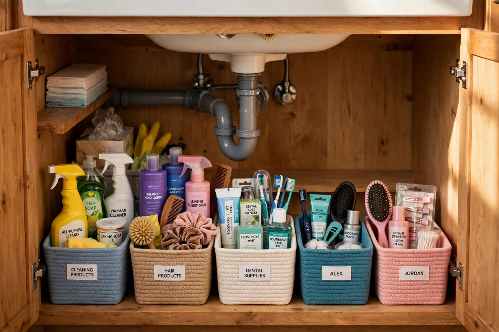 Under sink cabinet bins grouped by category with cleaning, hair and dental supplies separated