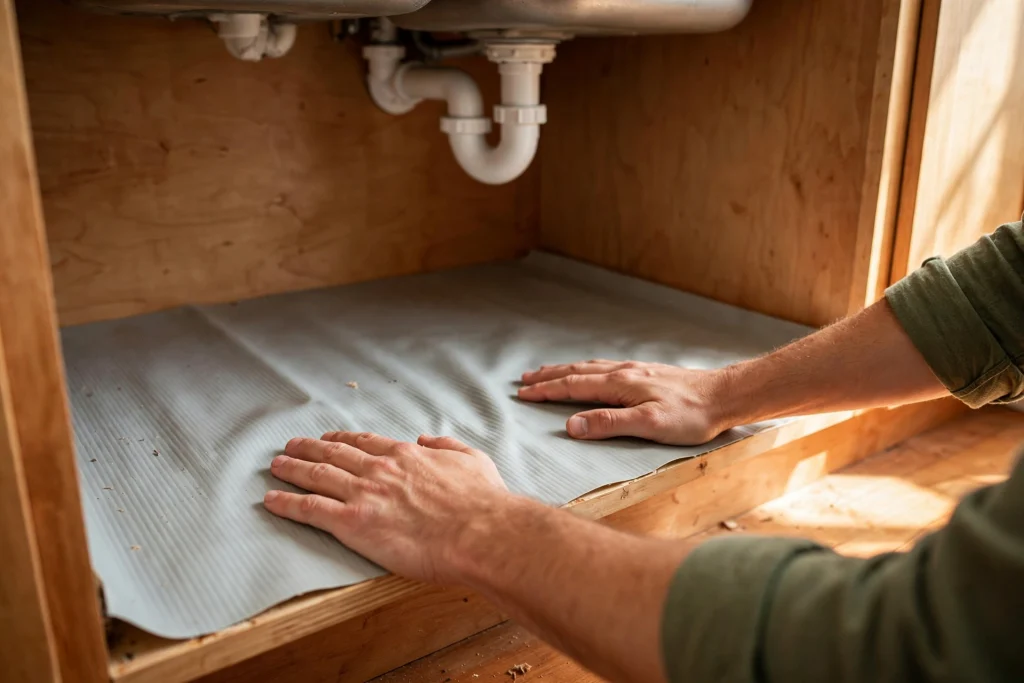 Waterproof cabinet liner fitted on the floor of an under kitchen sink cabinet to protect it from leaks and spills