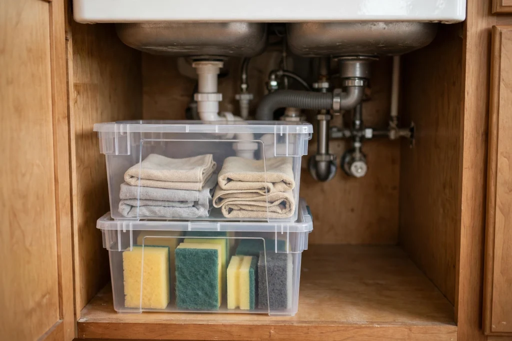 Clear stackable bins stacked to build upward storage for cleaning supplies under the kitchen sink