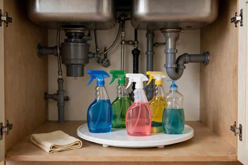 Lazy susan turntable holding spray bottles and cleaners under the kitchen sink so everything is easy to reach