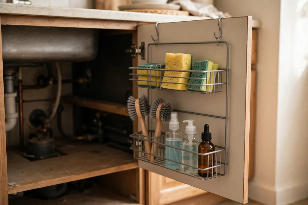Over-door caddy mounted on the inside of an under sink cabinet door holding cloths and small supplies