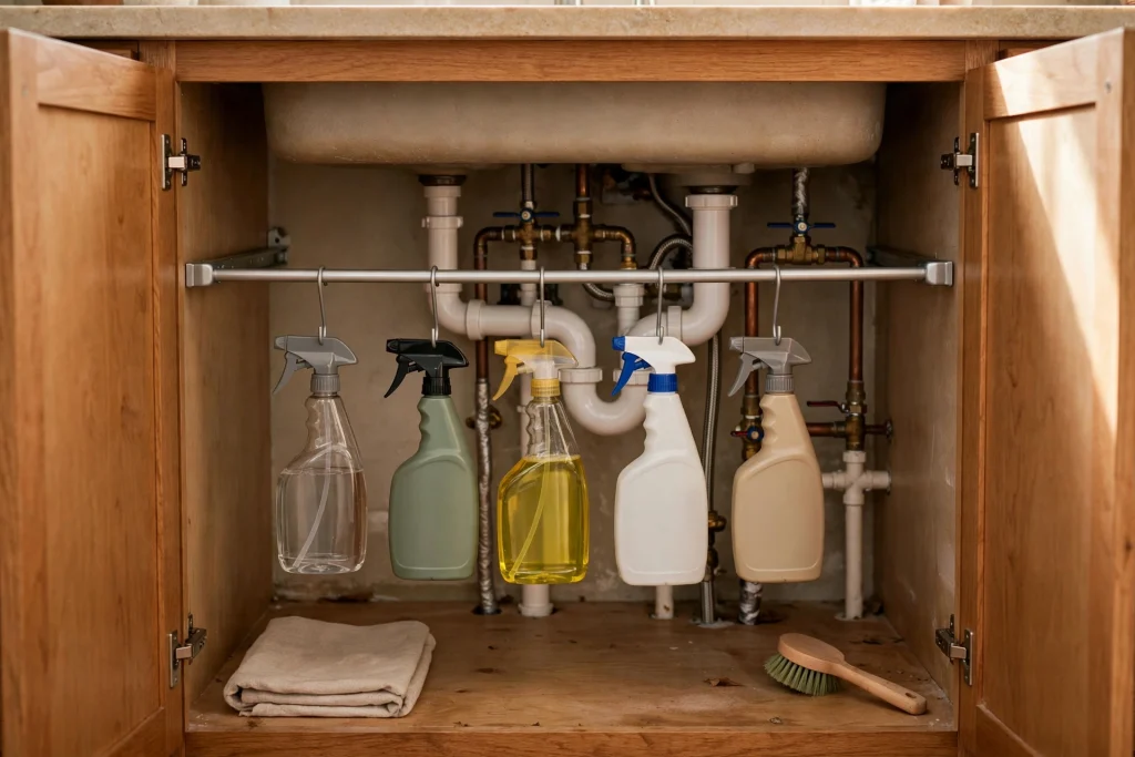 Spray bottles hanging by their trigger handles from a tension rod installed under the kitchen sink