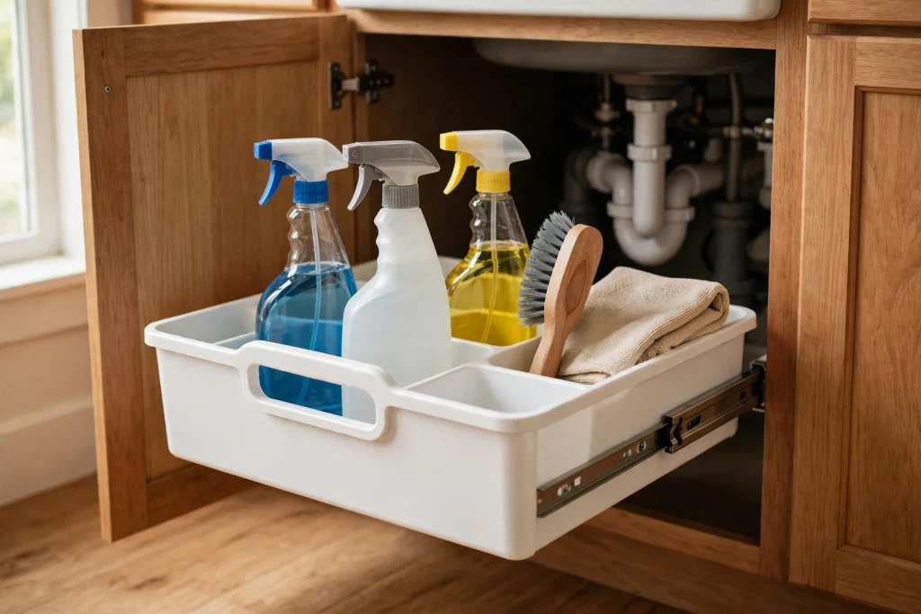 Handled pull-out caddy filled with cleaning supplies stored under the kitchen sink