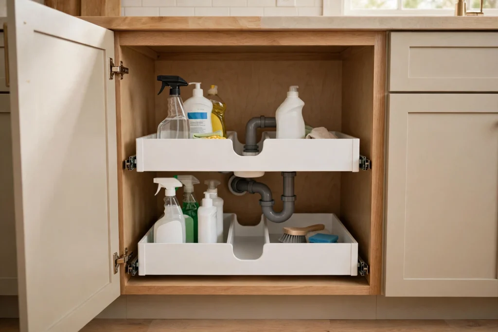 Two-tier sliding organizer with pull-out baskets fitted around the pipes under the kitchen sink