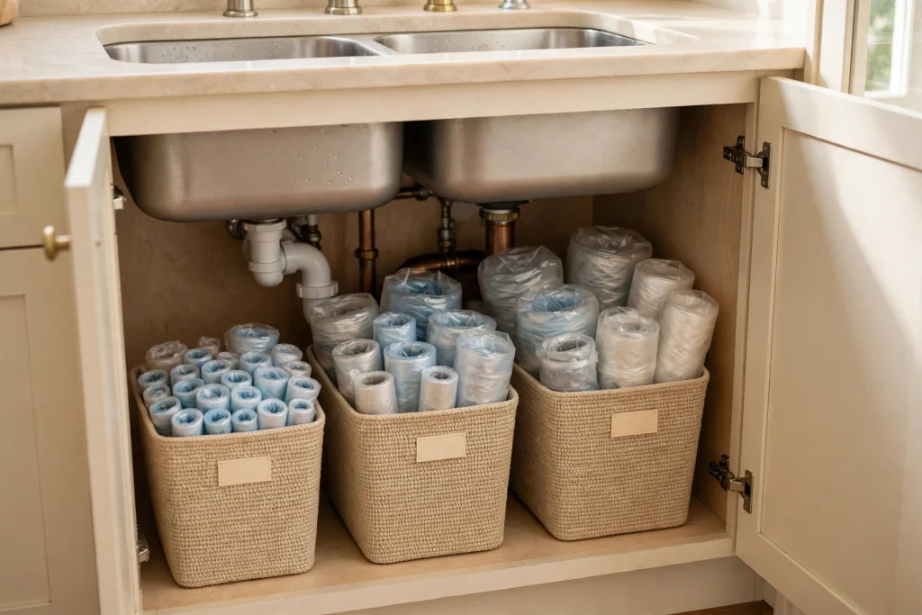Trash bags and liners sorted by size in bins under the kitchen sink