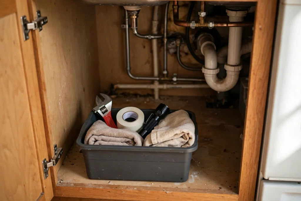 Small bin holding a plumbing toolkit with a wrench, pipe tape and towels under the kitchen sink