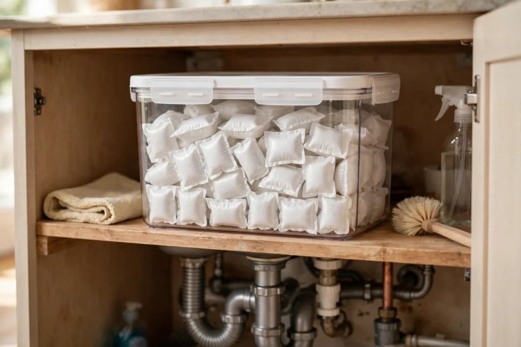 Dishwasher pods stored in a labelled airtight container under the kitchen sink to keep out moisture