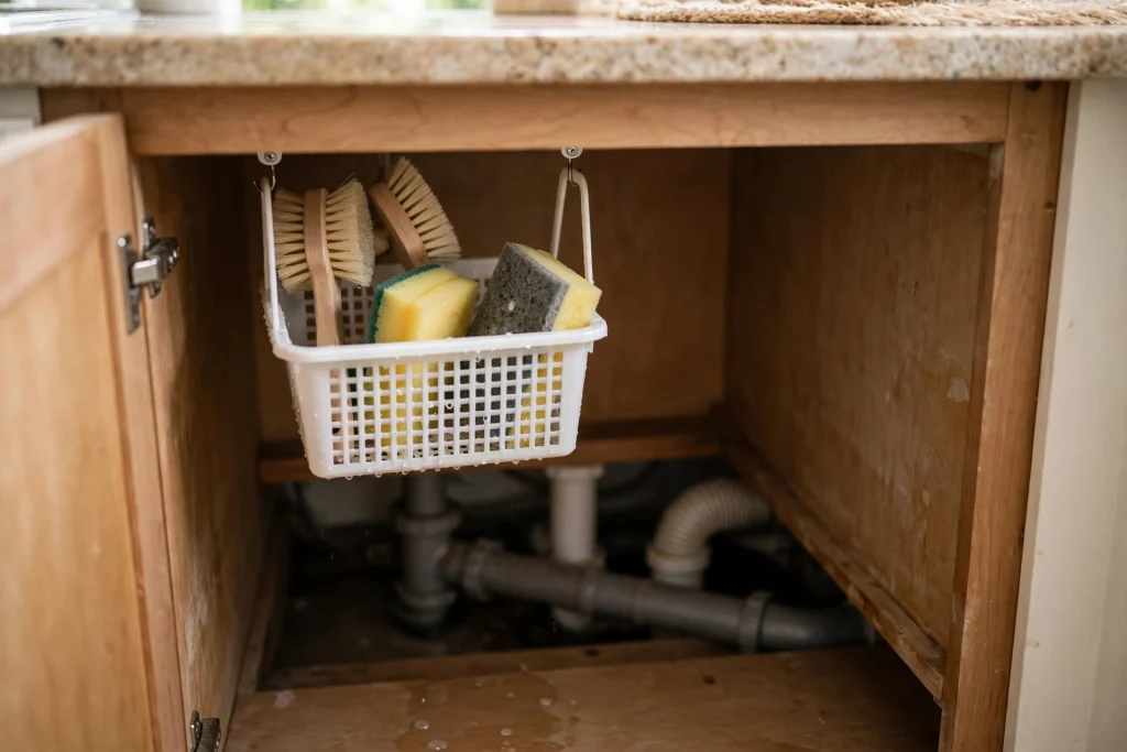 Ventilated hanging basket holding sponges and brushes under the kitchen sink so they can air dry