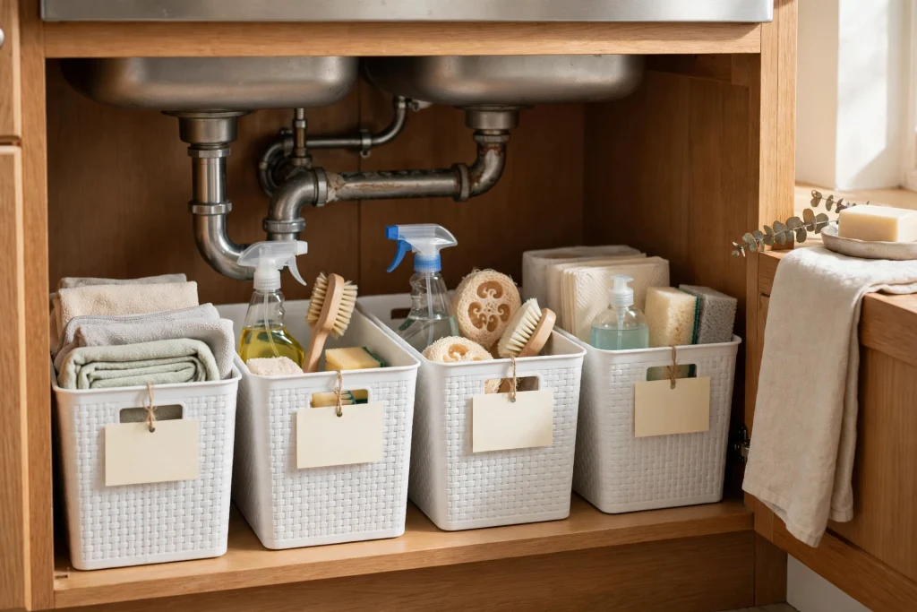 Labelled bins and containers keeping everything organized under the kitchen sink