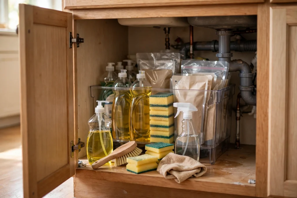 Dedicated bin for refill and backup cleaning supplies at the back of the under sink cabinet