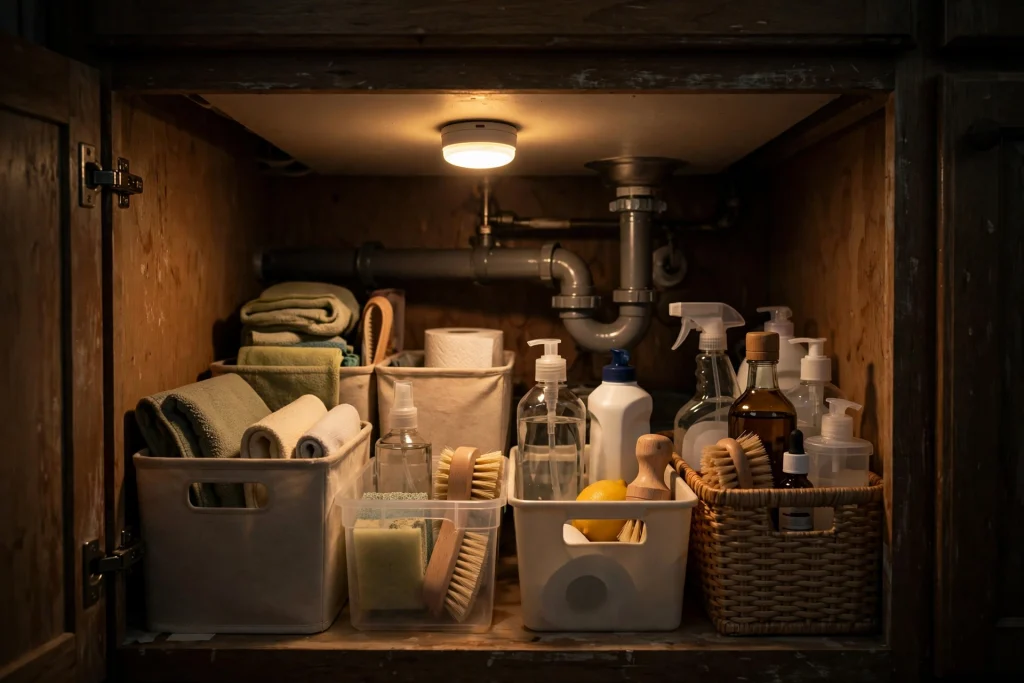 Battery-powered motion-sensor light illuminating the inside of an under kitchen sink cabinet