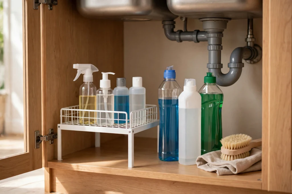 Shelf riser raising short bottles under the kitchen sink so they stay visible