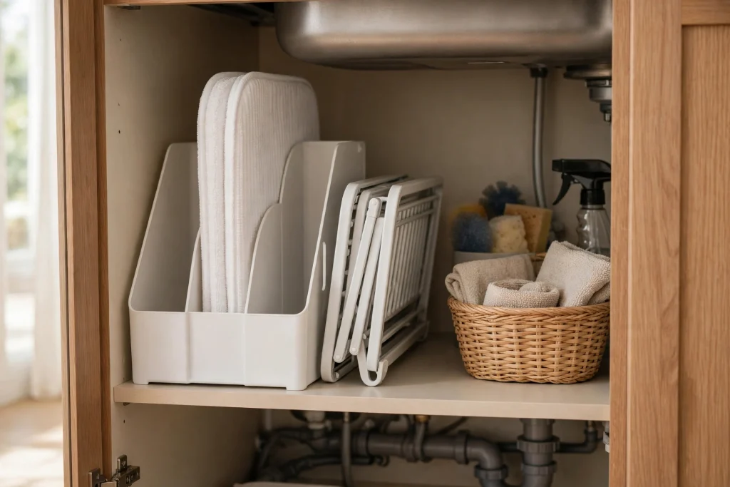 Dedicated under sink zone storing dish racks, drying mats and drain boards