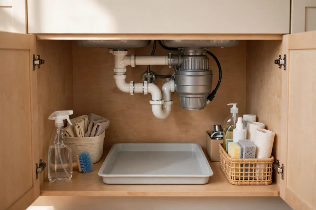 Drip tray placed under the kitchen sink drain and garbage disposal to catch leaks early