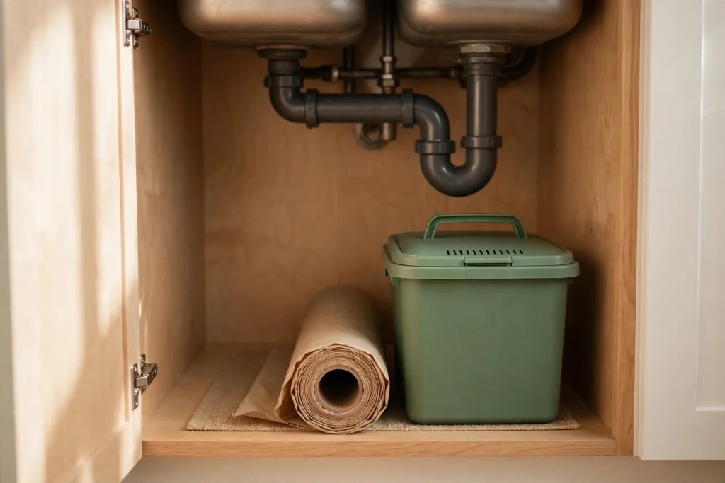 Compost and food scrap supplies kept in their own zone under the kitchen sink