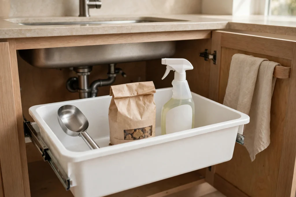 Pull-out drawer holding pet bowls, treats and supplies under the kitchen sink