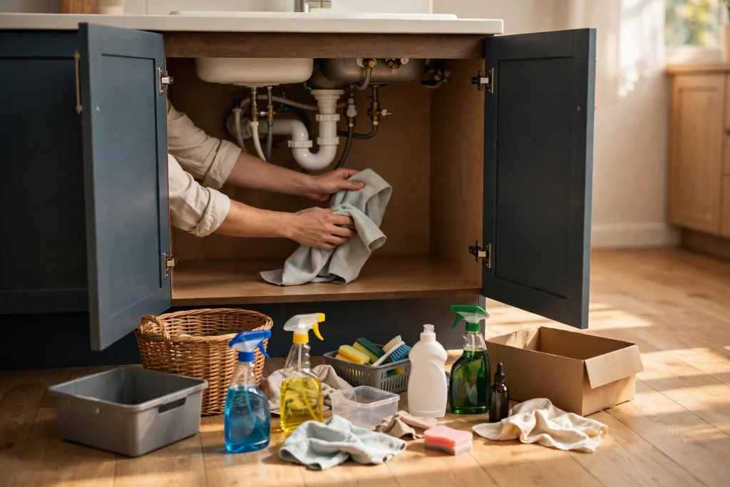 Freshly purged and neatly organised under kitchen sink cabinet after a quarterly clean-out