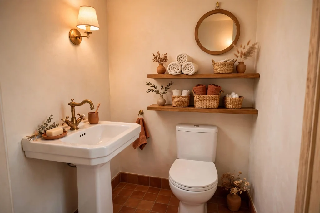 Tiny powder room with floating shelves above the toilet and organized storage