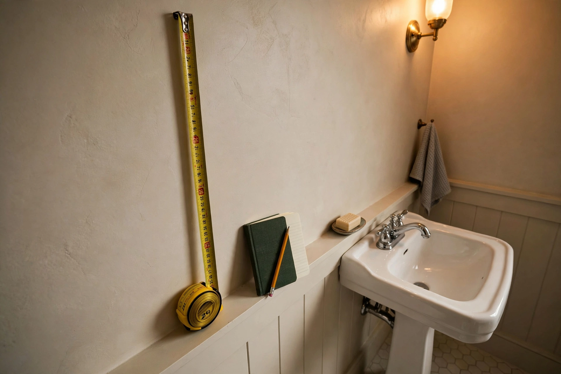 Measuring tape against a tiny powder room wall with a notebook
