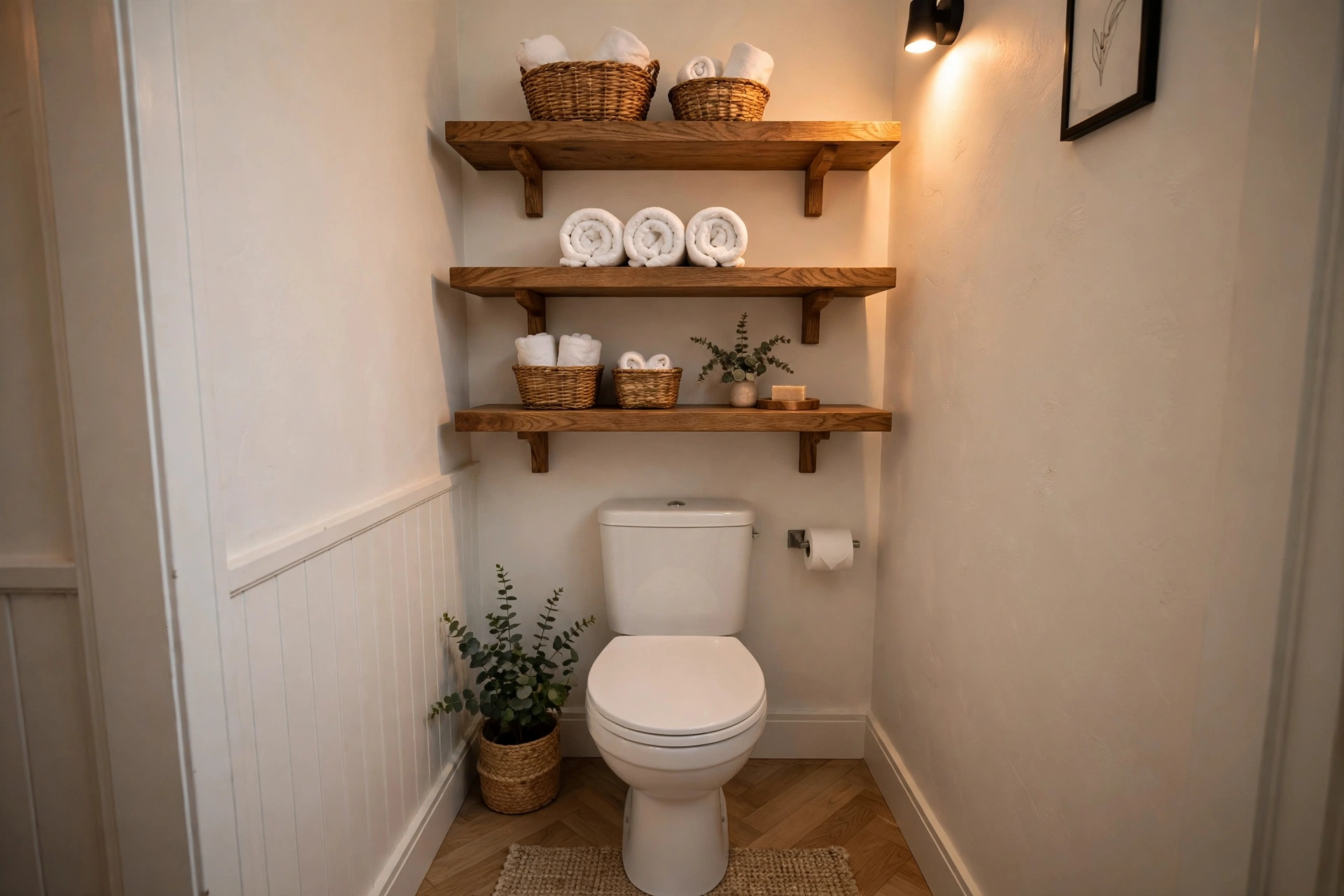 Wooden floating shelves above a white toilet holding rolled towels and baskets