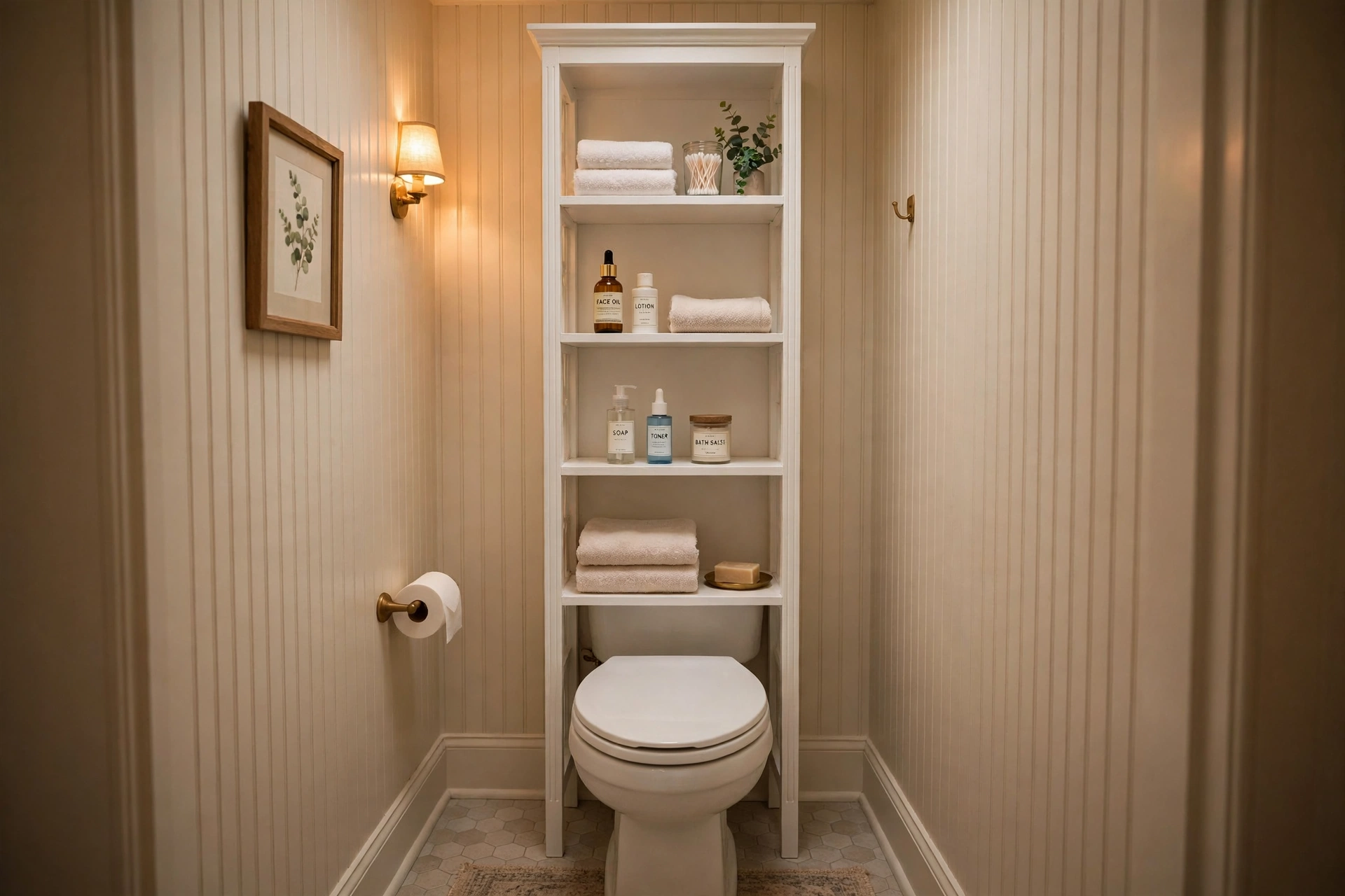 Slim white over-the-toilet storage unit with toiletries