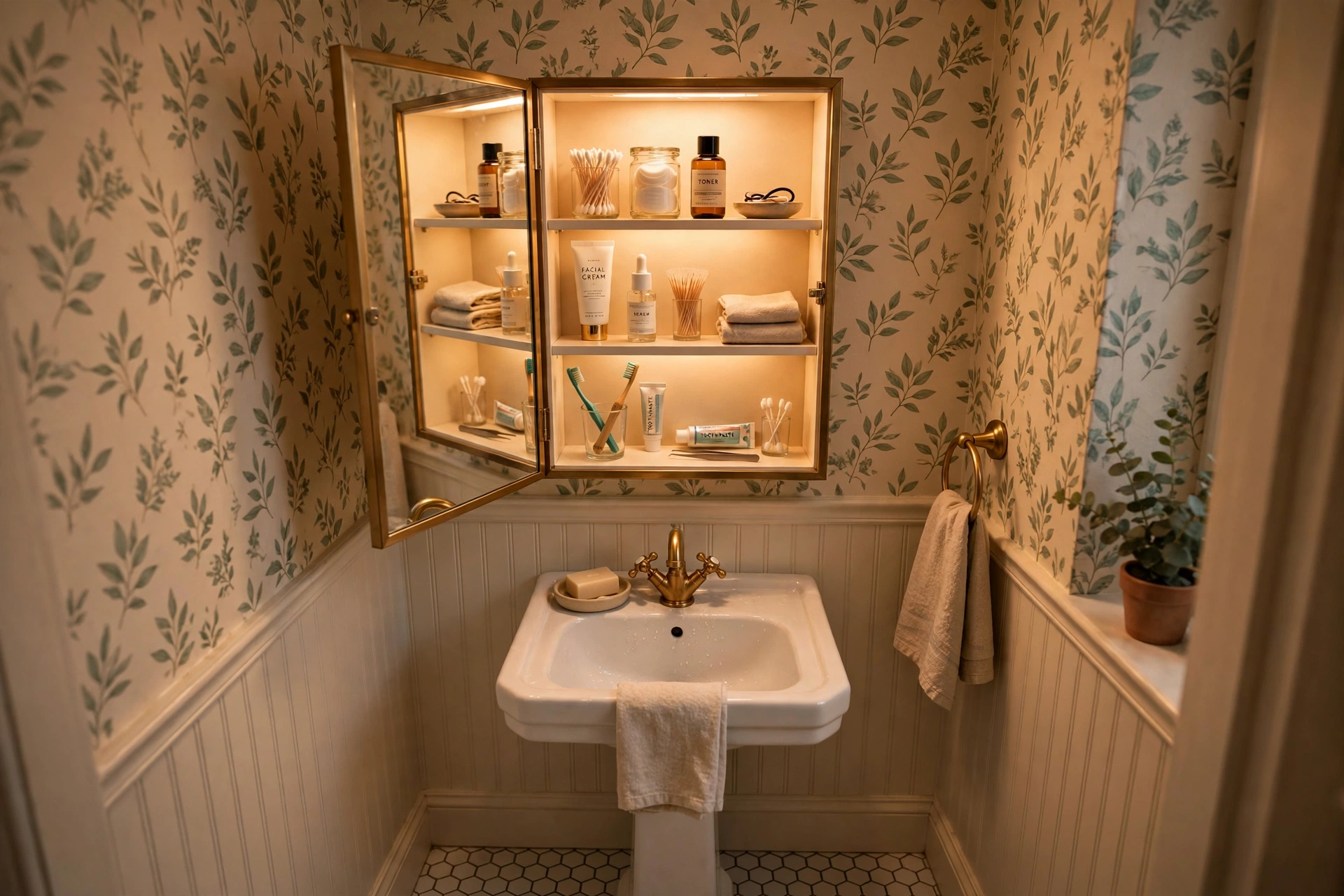 Mirrored medicine cabinet above a small pedestal sink