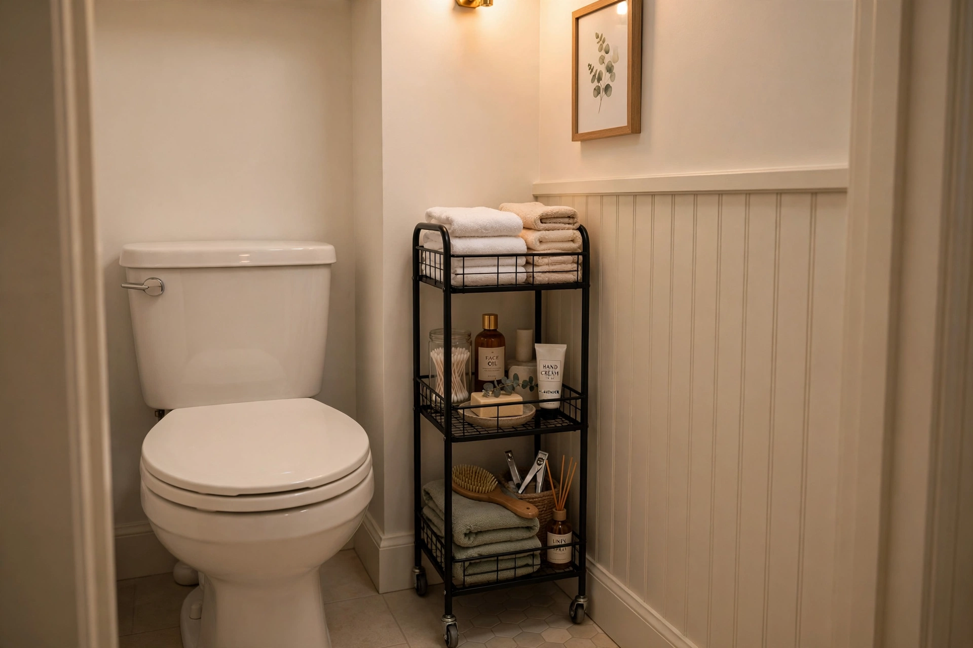 Narrow three-tier rolling cart tucked beside a toilet