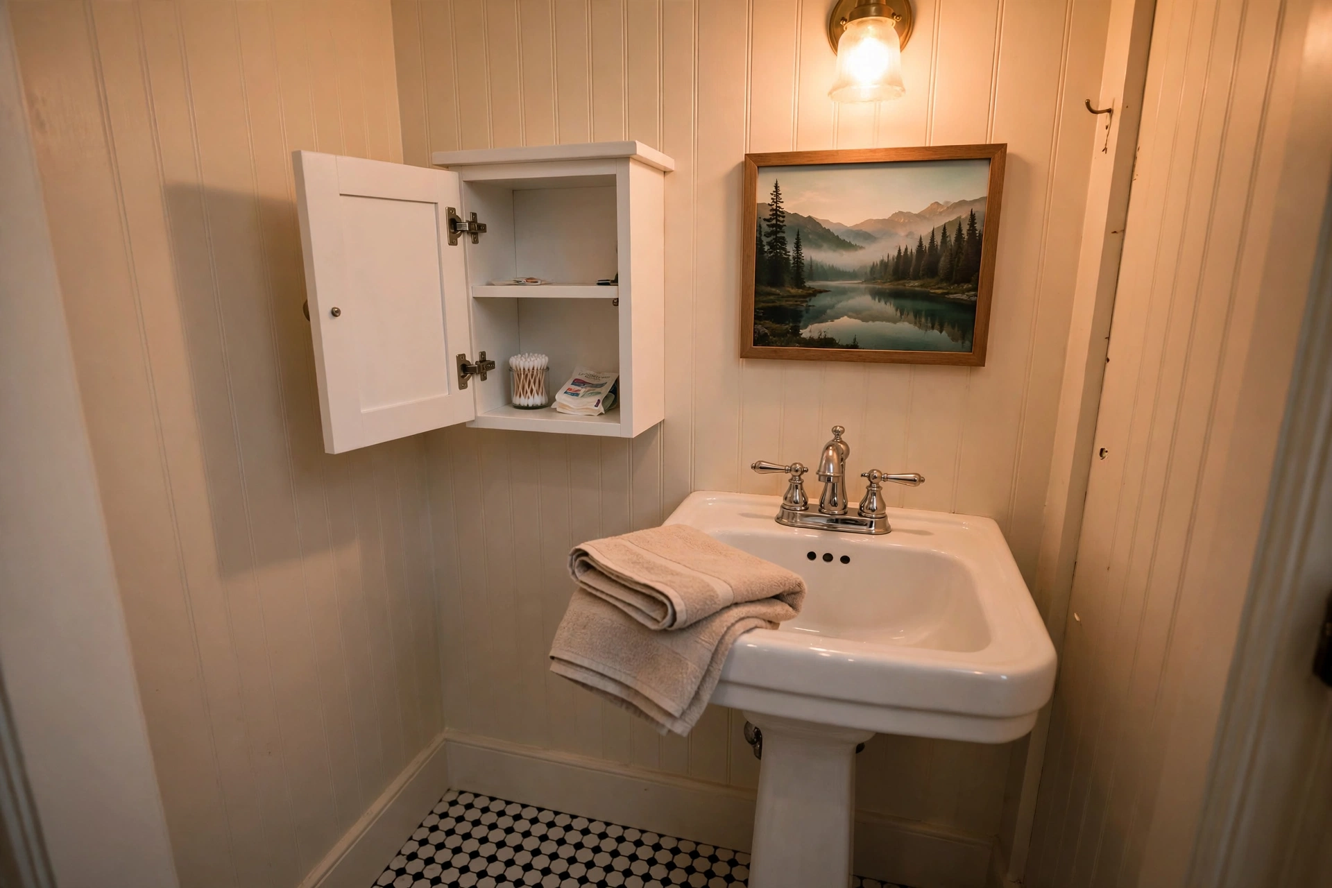 Small white wall-mounted cabinet beside a pedestal sink