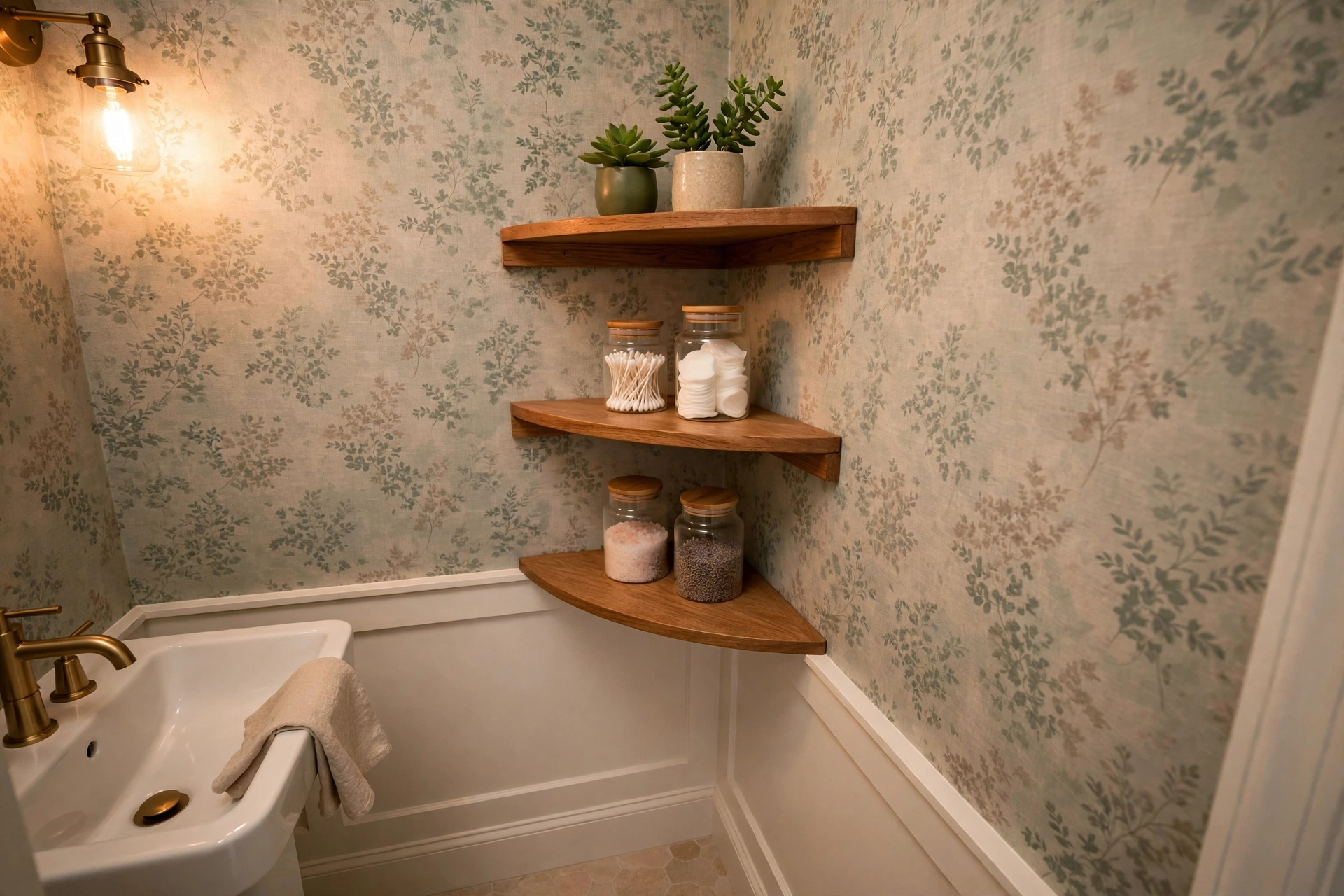 Triangular corner shelves in a bathroom corner with plants and jars