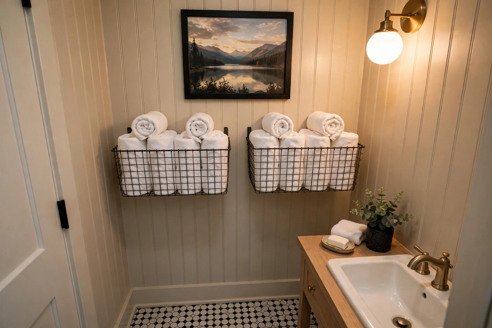 Wire wall baskets holding rolled hand towels